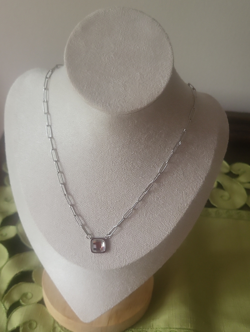 Plunder Silver-tone over Surgical Steel Paperclip Chain with Cushion Cut Bead
